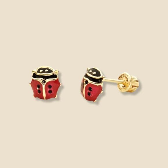 14k Solid Gold Ladybird Earrings | Enamel Jewelry | Everyday Jewelry | Birthday - Picture 4 of 7